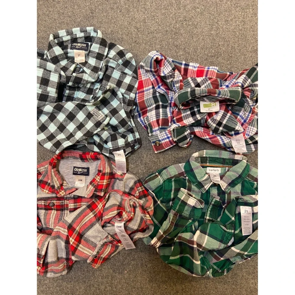 OshKosh Gap Lands End Boys 2T 24M Shirt Bundle 6pc Plaid Flannel Long Sleeve Tee